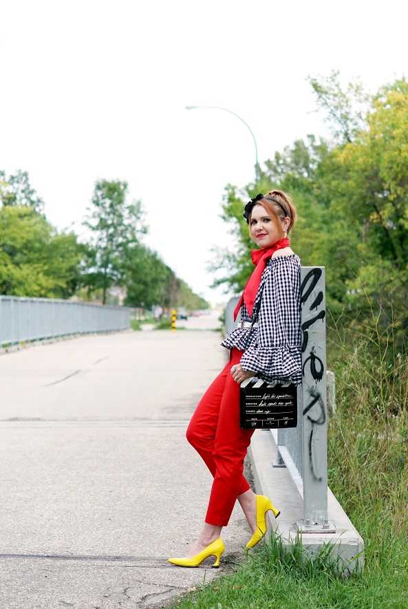 Winnipeg Style Fashion Consultant Stylist, Chicwish retro vintage check off shoulder top, Le chateau red bow neck scarf, Kate Spade Light the sparklers cinema city movie bag, Cleo red ankle pants, John Fluevog yellow Big Presence Desmond shoes